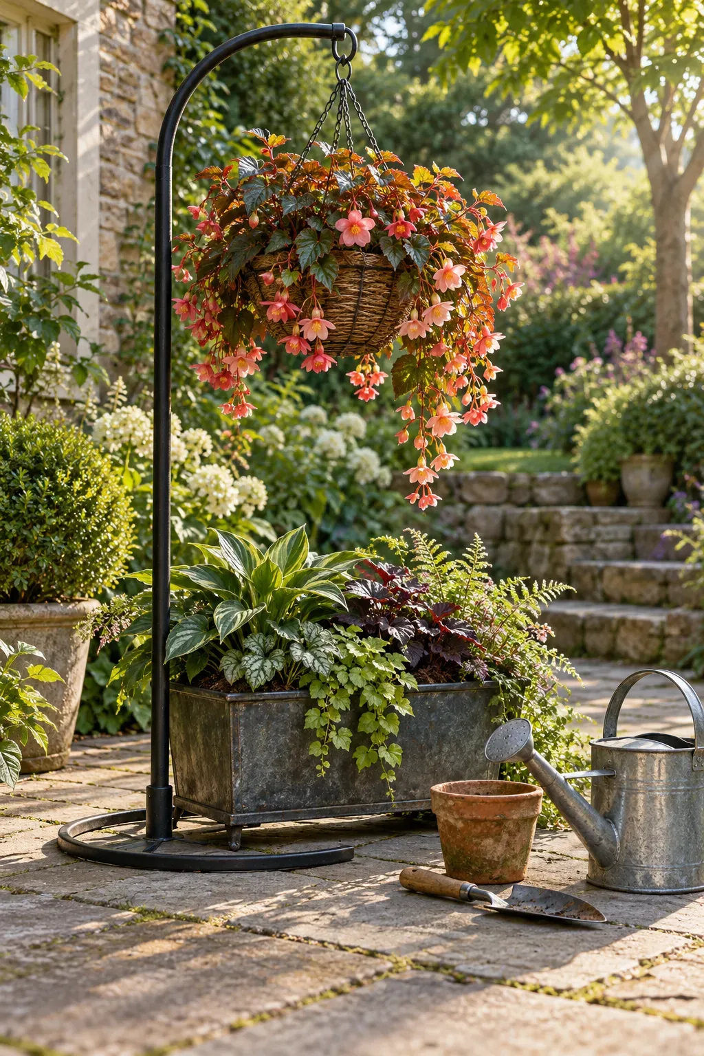 Hanging flower basket above a low planting box in a compact patio garden.