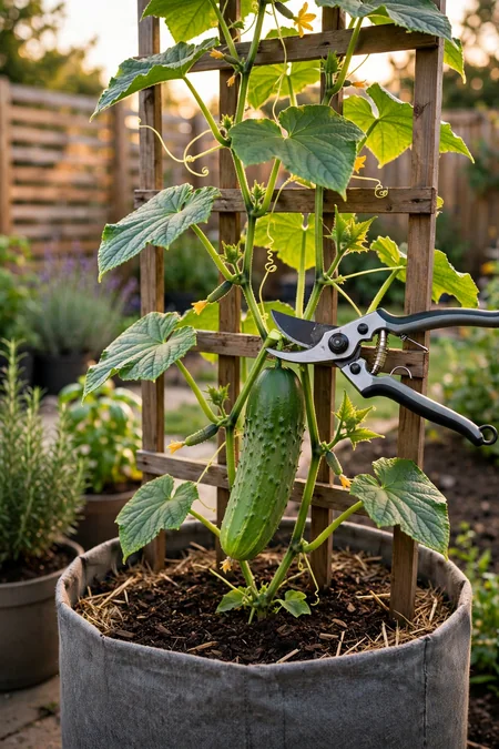 Fresh green cucumber being cut from a healthy container-grown vine