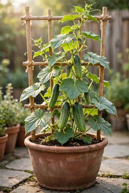 Healthy cucumber vine growing on a trellis in a large container with fresh cucumbers
