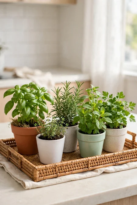 Several herb pots grouped on one tray
