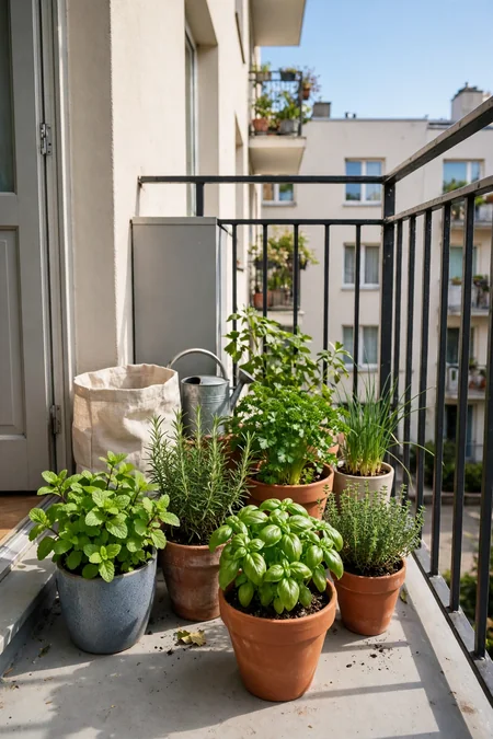 Herb pots on a small apartment balcony