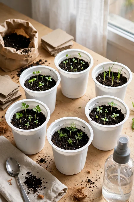 Herb seeds started in clean reused food containers