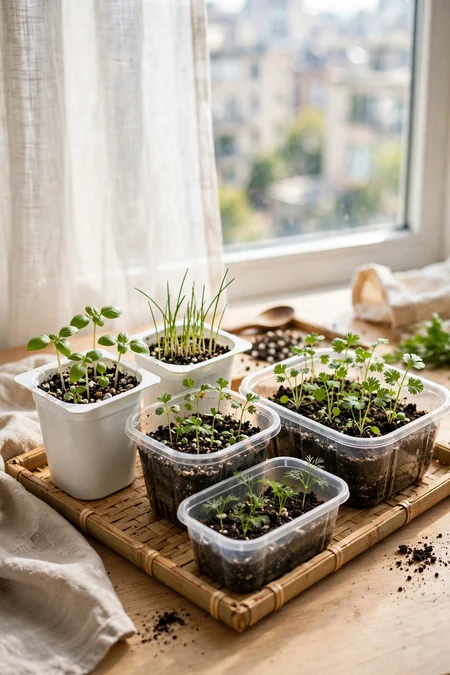Herb seedlings growing in reused food containers on a small tray