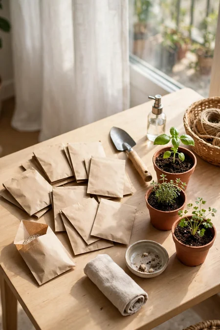 Herb seed packets compared with small starter plants on an apartment table