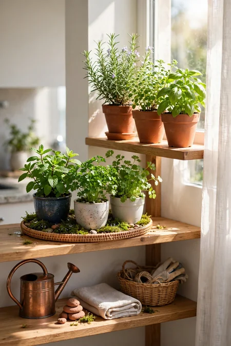Apartment herb pots grouped by light and water needs on a shelf