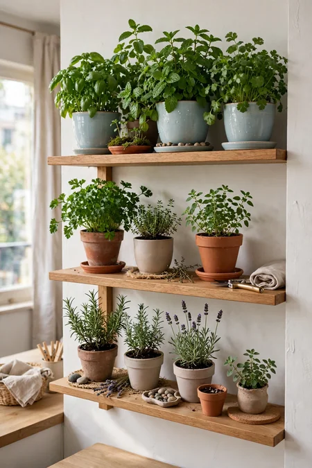 Indoor herbs grouped by watering needs on a shelf
