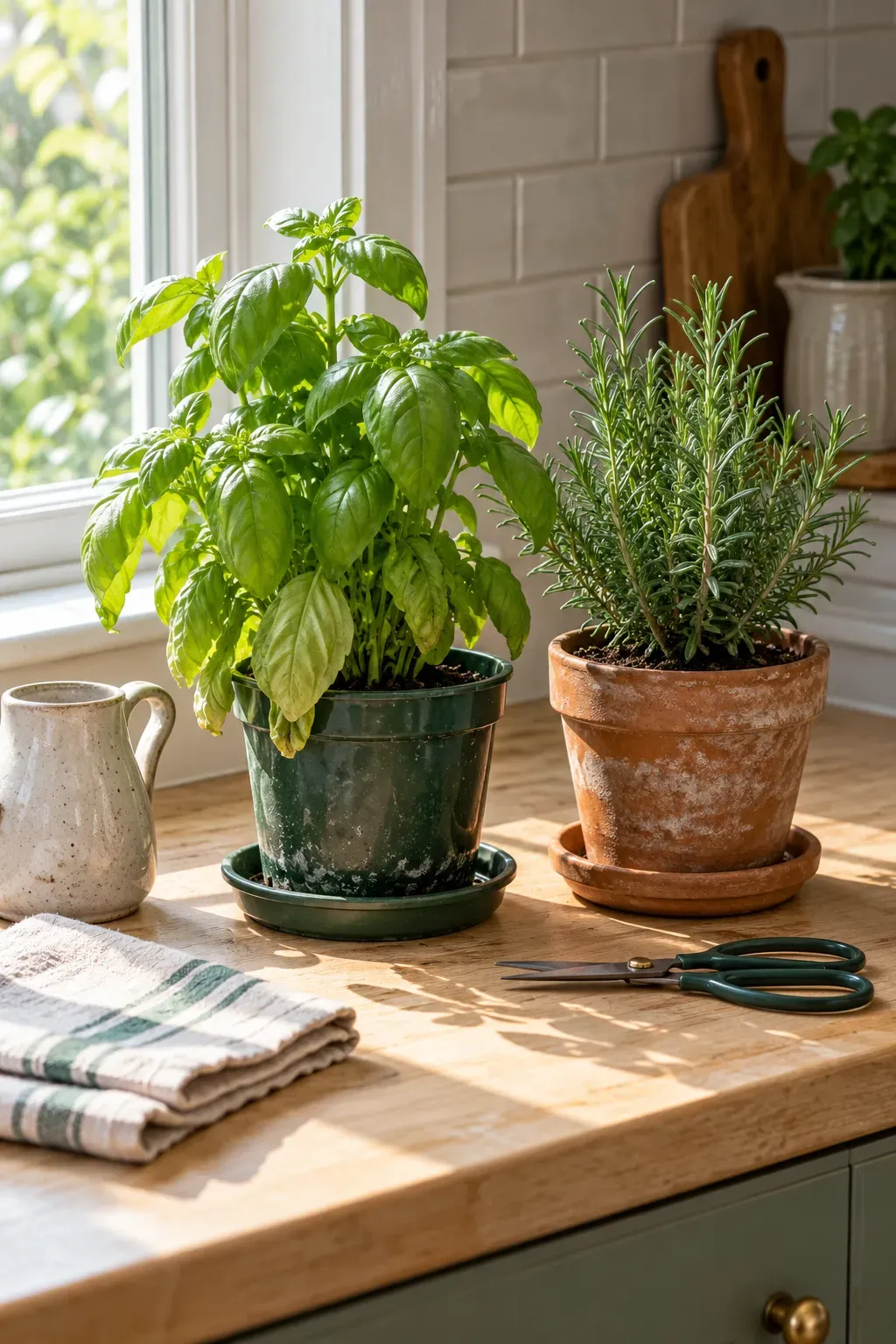 Basil with drooping leaves beside potted rosemary on a bright kitchen counter