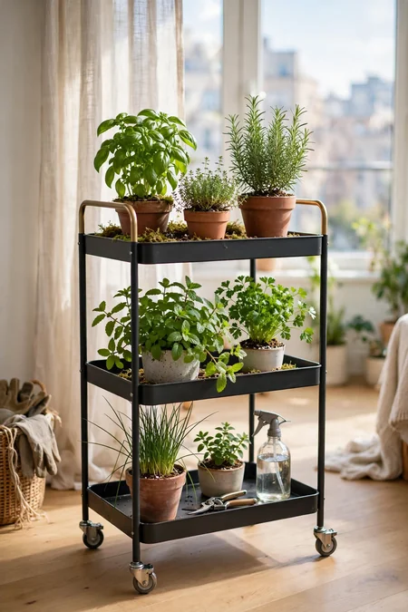 Indoor herb garden arranged on a rolling cart