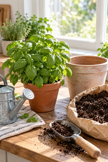 Indoor herb with a new pot, fresh potting mix, and basic repotting supplies