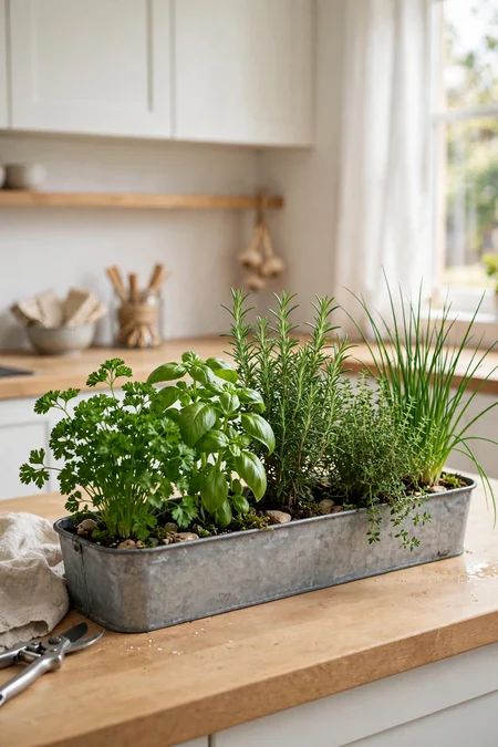 Several herbs growing in one long trough on a kitchen counter
