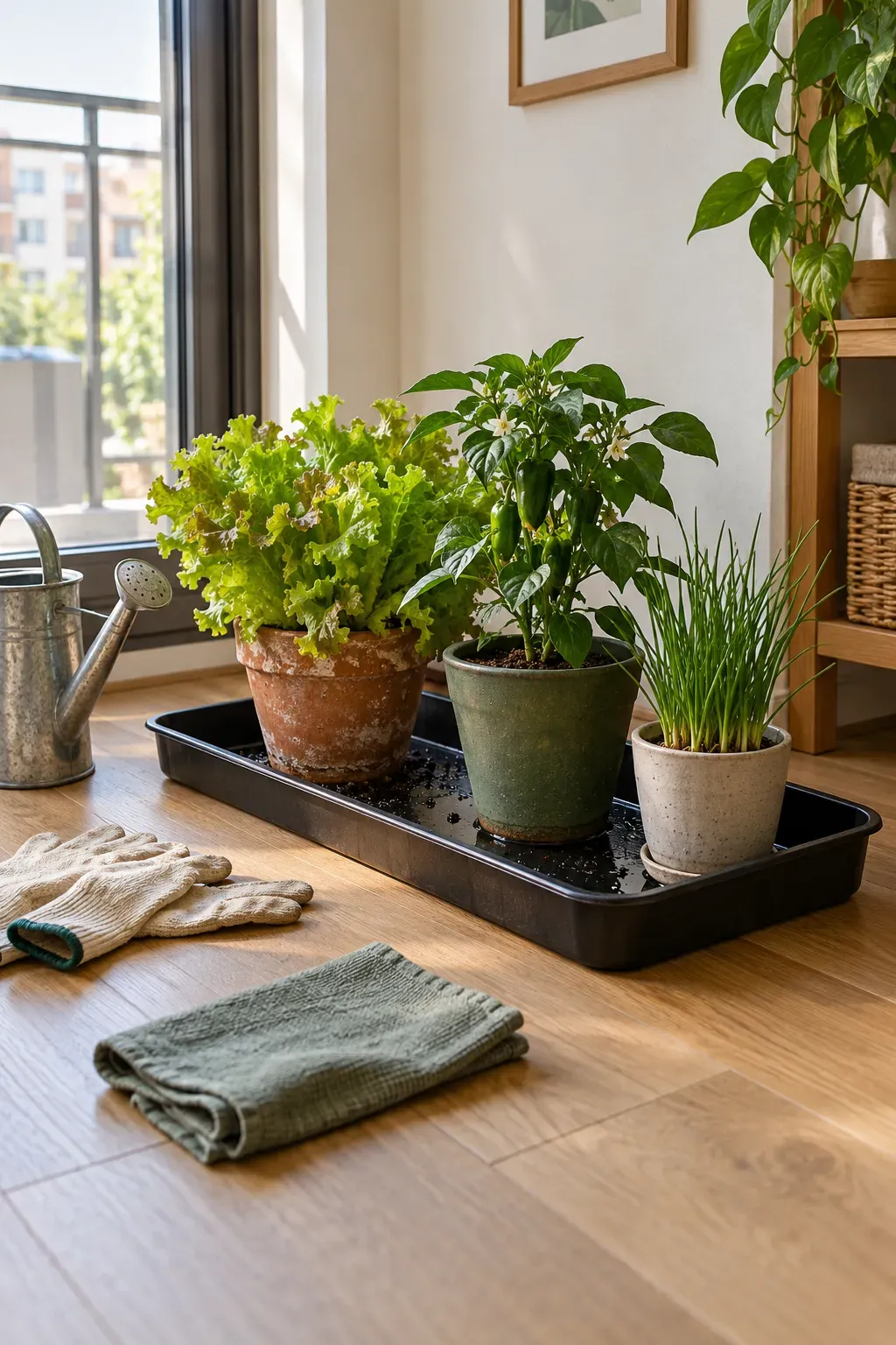Indoor vegetable pots arranged neatly inside waterproof tray on apartment floor