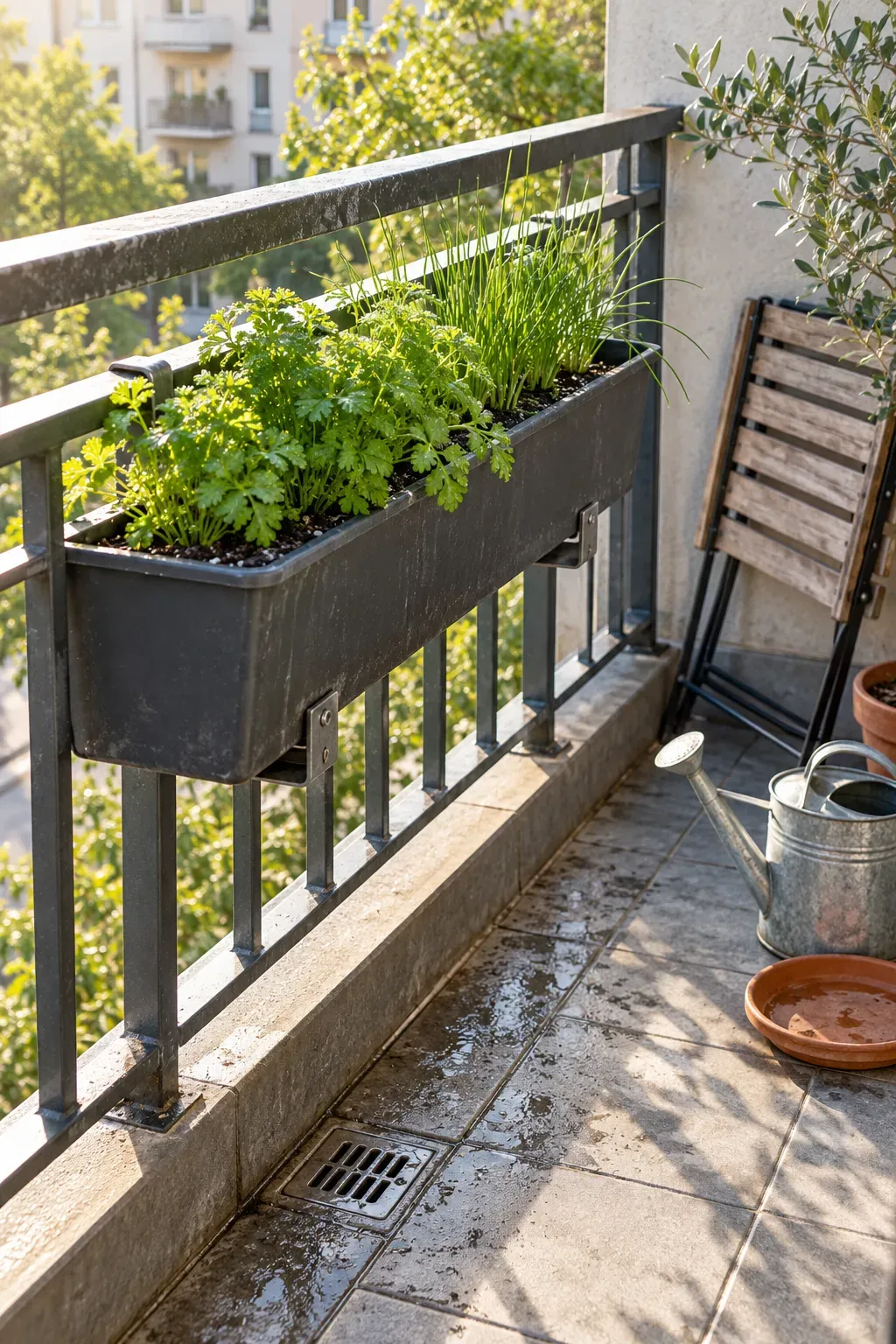 Compact herbs growing in a securely mounted trough inside a sunny balcony railing.