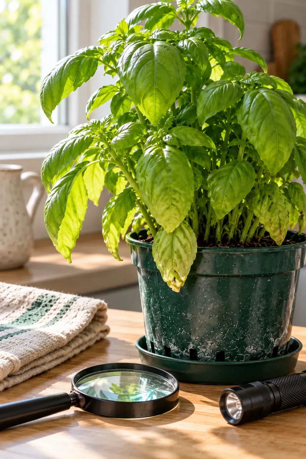 Basil leaf undersides beside a magnifying glass on a pale kitchen counter