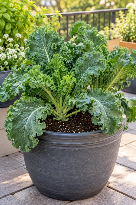 Healthy kale growing in a large container with outer leaves ready to pick