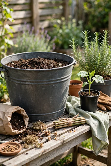 Large outdoor container ready for one cucumber plant