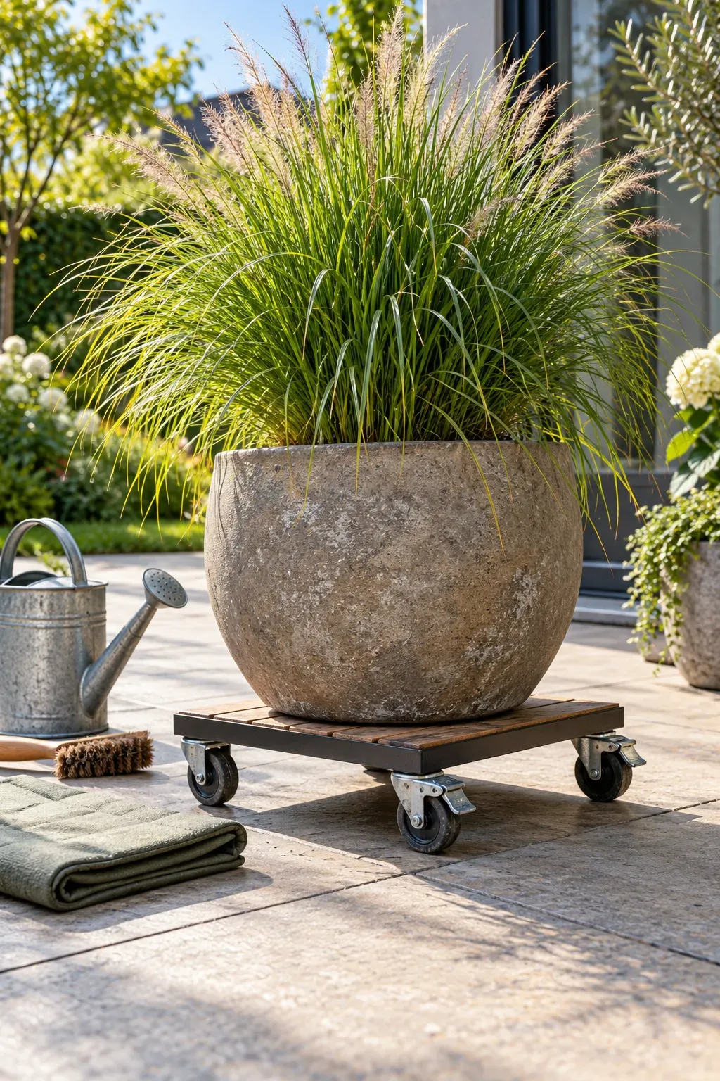 Large patio planter resting securely on a wheeled platform with visible locking casters.