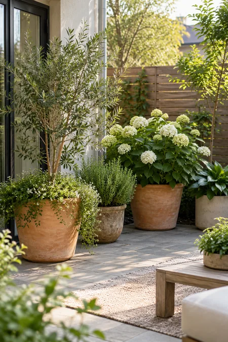 A few larger plant pots arranged neatly on a small garden patio