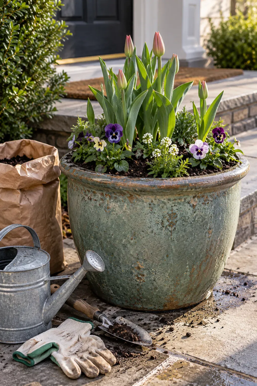 Deep spring pot with emerging bulbs and loosely planted seasonal flowers
