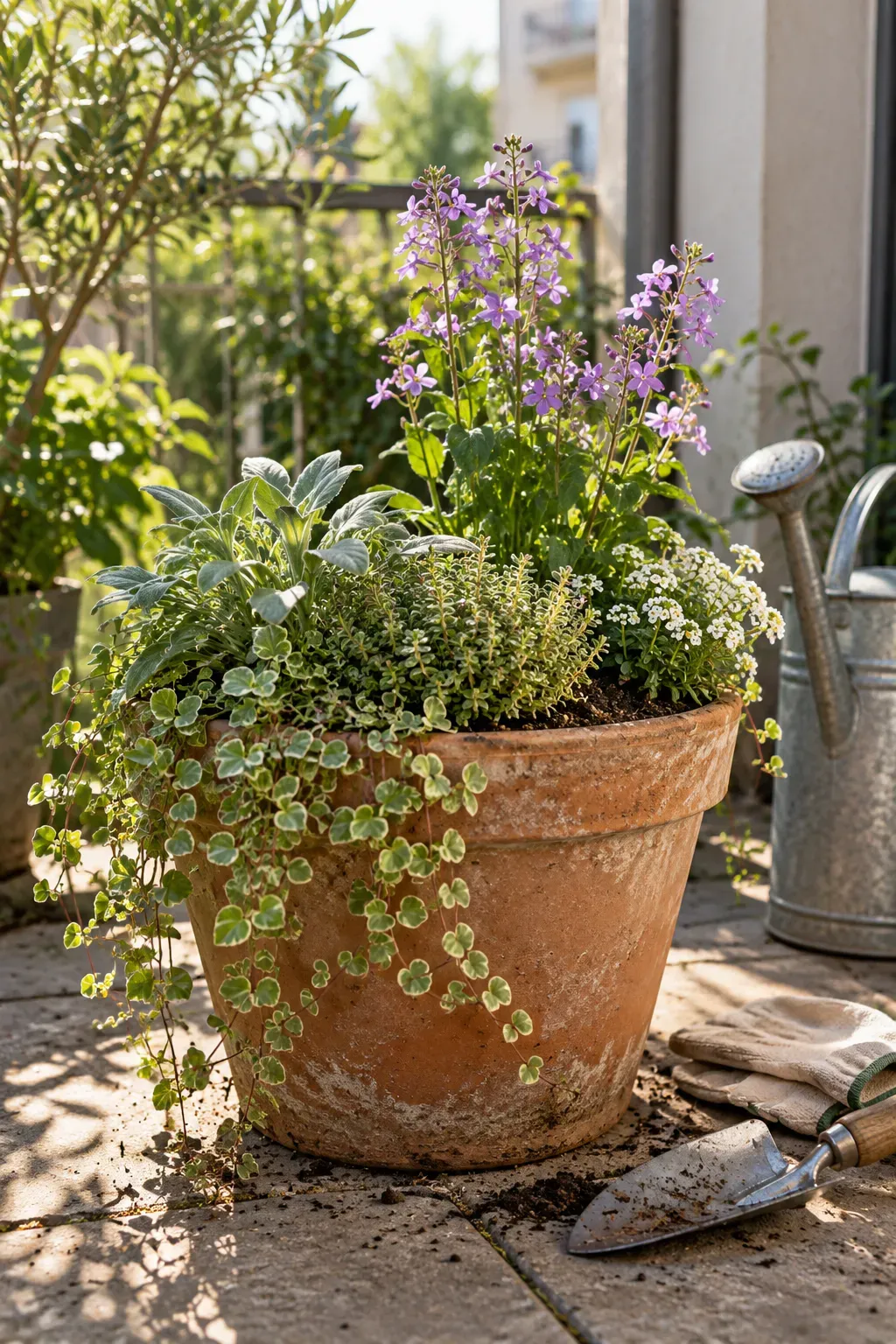 Layered spring planter with upright flowers, mounding plants, and trailing foliage