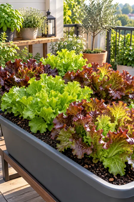 Leaf lettuce growing thickly in a wide container ready for picking