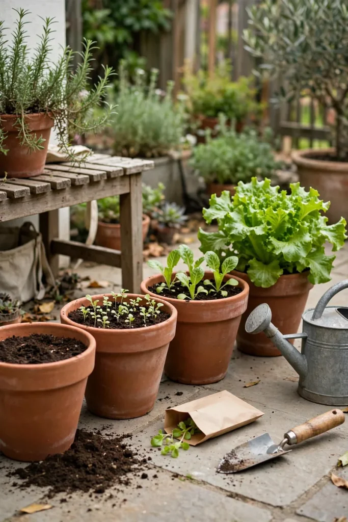 Lettuce containers at different growth stages showing small-batch sowing