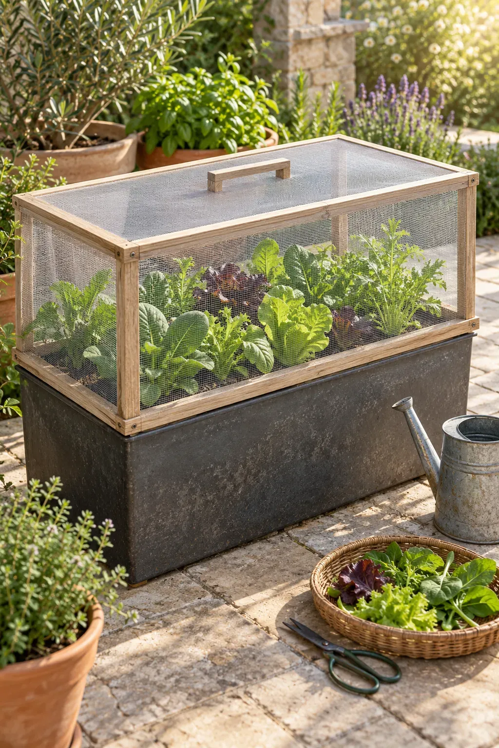 Fine insect mesh fitted over a lightweight frame above leafy greens in a planter.