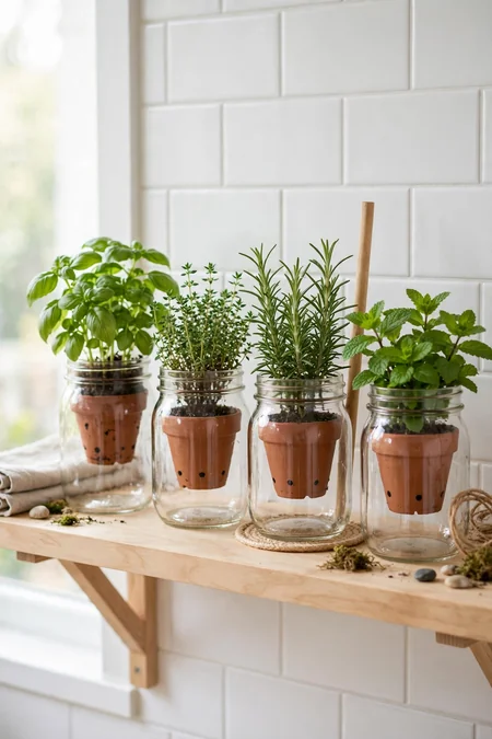 Mason jars as cachepots with herbs on a shelf