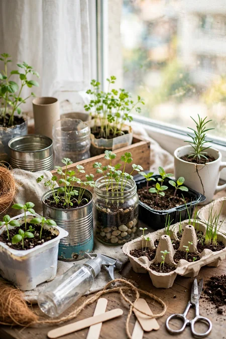 Mini herb nursery with leftover pots and seedlings