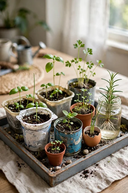 Mini propagation nursery with herb cuttings in leftover small pots