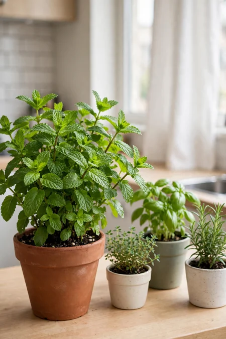 Mint growing in its own separate container beside other potted herbs