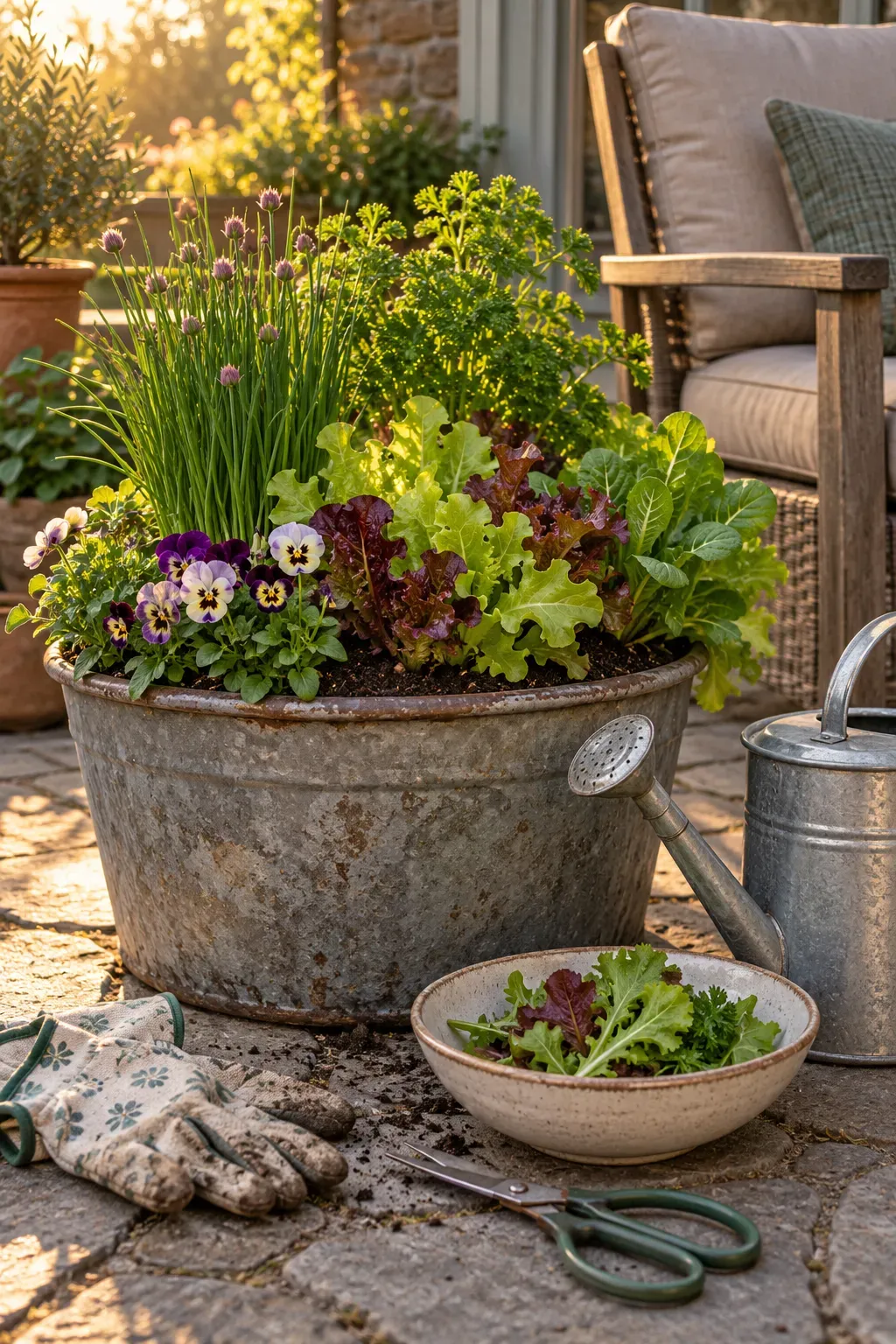Mixed spring planter combining herbs, leafy greens, and seasonal flowers