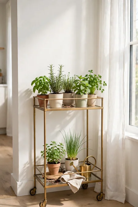Narrow console table with potted culinary herbs along a bright apartment wall