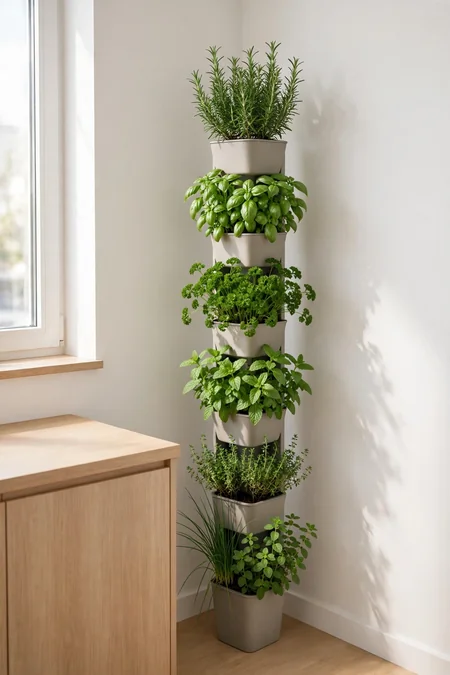 Narrow vertical herb tower with culinary herbs in an apartment kitchen corner