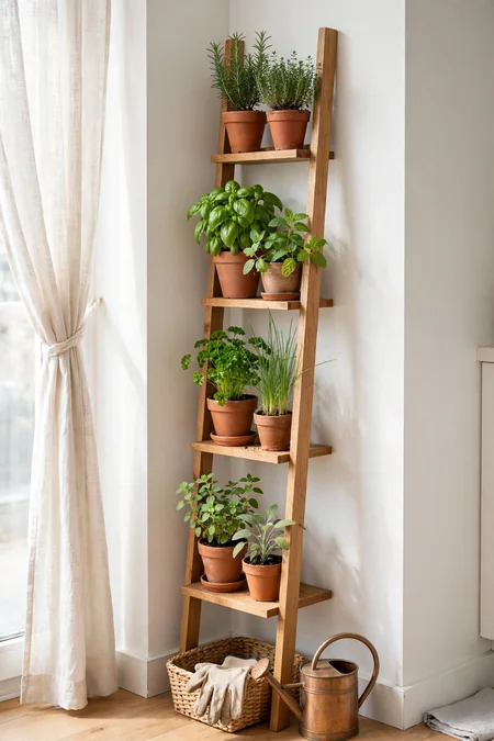 Narrow ladder shelf as vertical herb garden in a corner