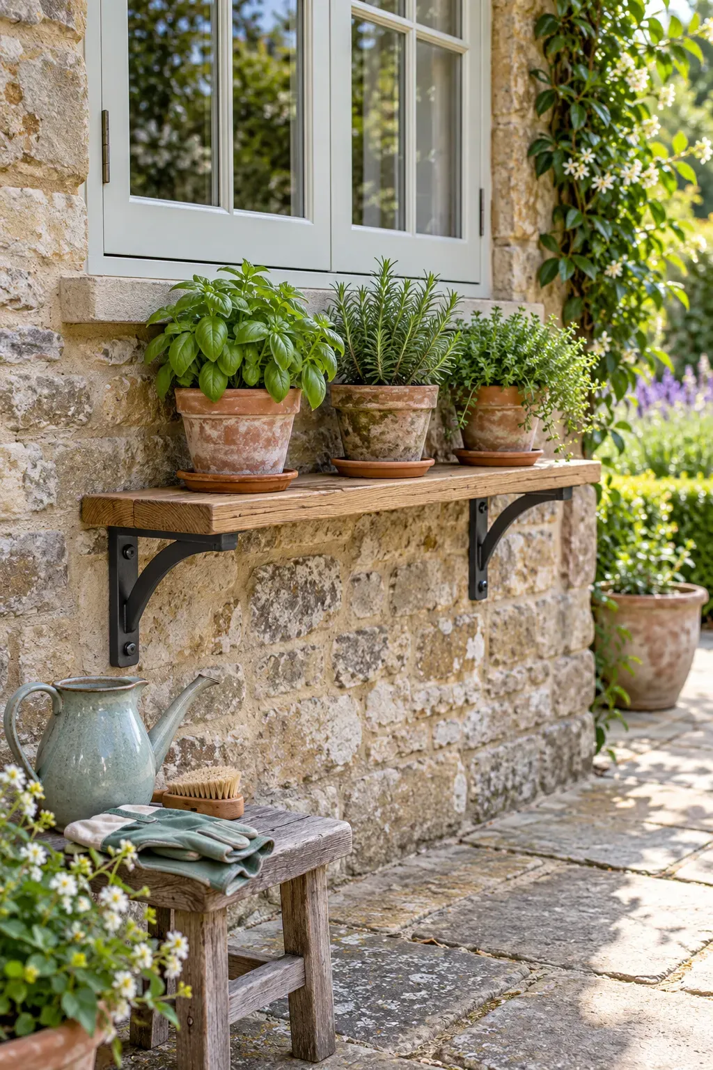 Small herb pots arranged on a narrow bracketed shelf beneath an outdoor window.