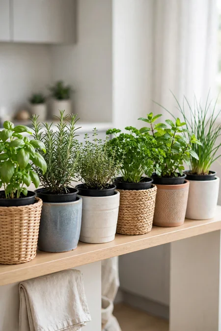 Nursery pots with herbs placed inside decorative cachepots