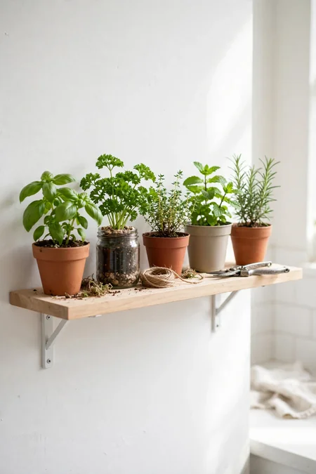 One-shelf indoor herb garden with most-used herbs