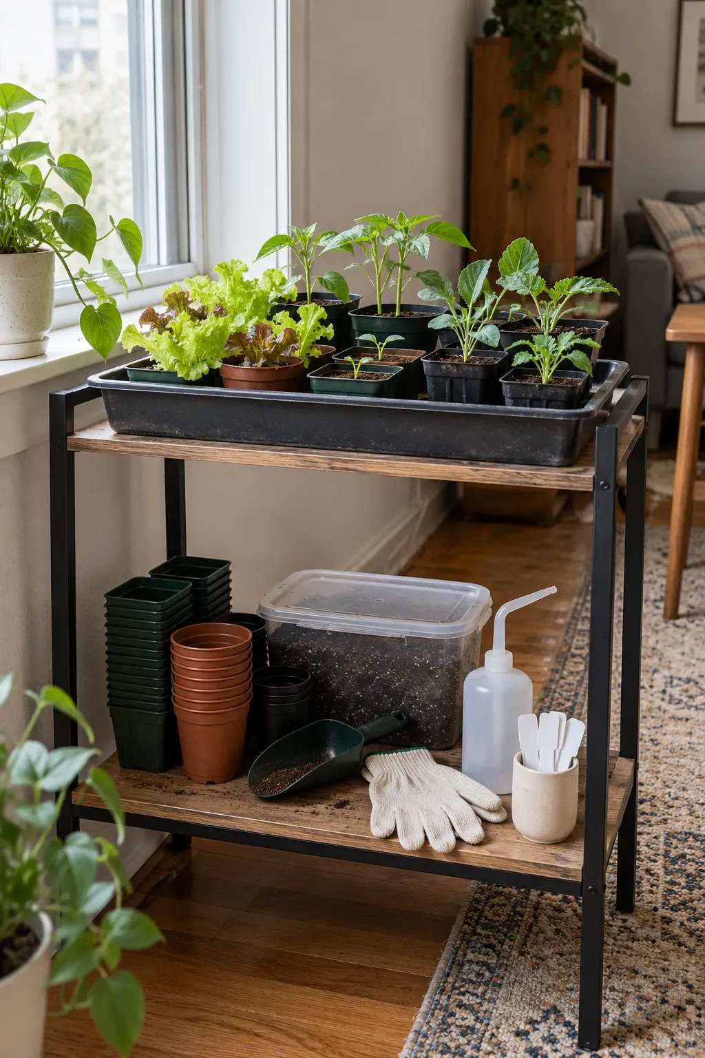 Organized seed-starting shelf with young vegetable seedlings inside apartment