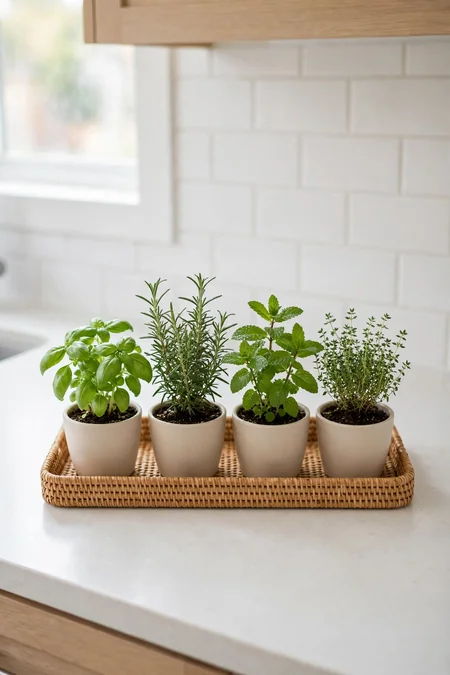 One organized herb collection on a decluttered apartment kitchen countertop