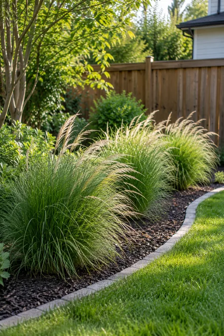 Ornamental grasses adding soft texture to a small tidy garden bed