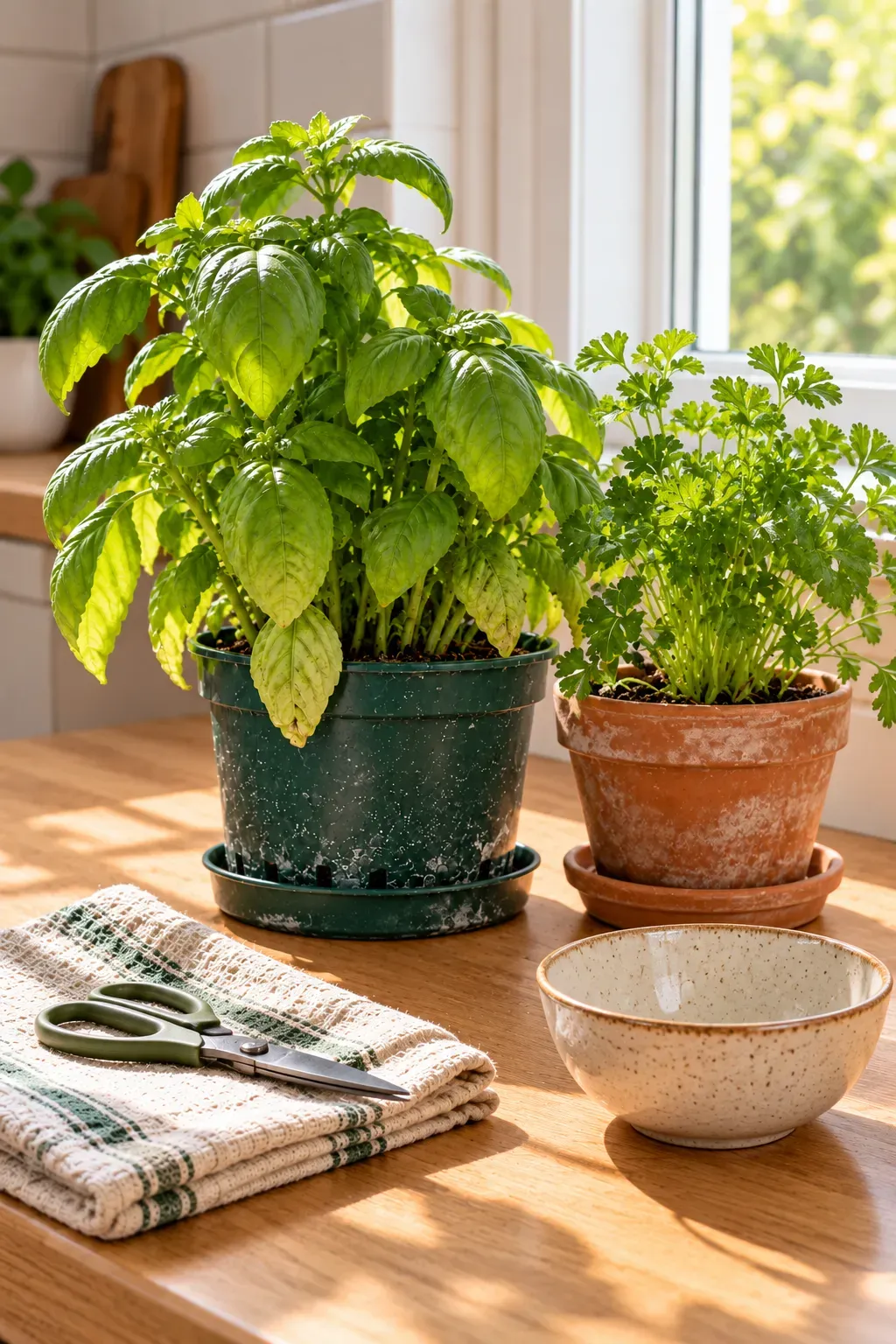 Intact basil and parsley plants beside closed herb scissors near a kitchen window
