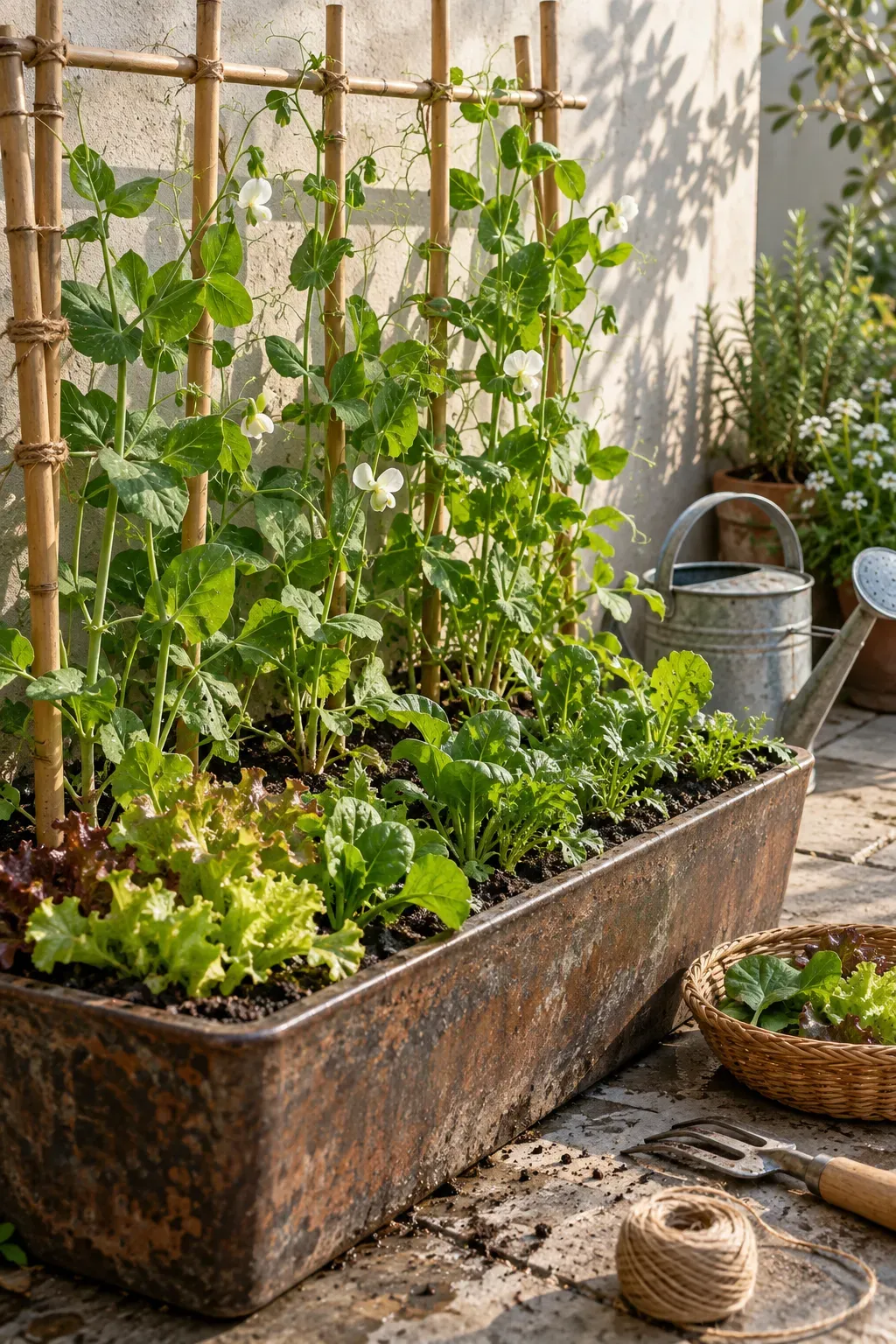 Peas climbing bamboo support behind leafy greens in spring container