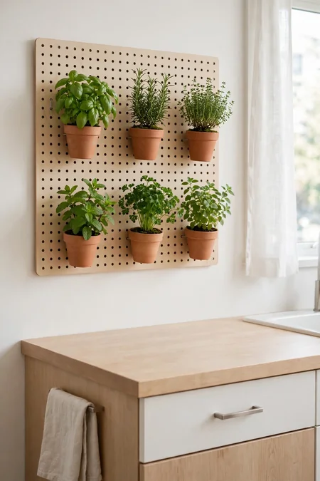 Pegboard on wall holding small potted herbs