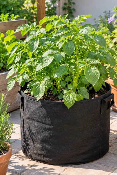 Healthy potato plants growing in a large fabric grow bag on a patio