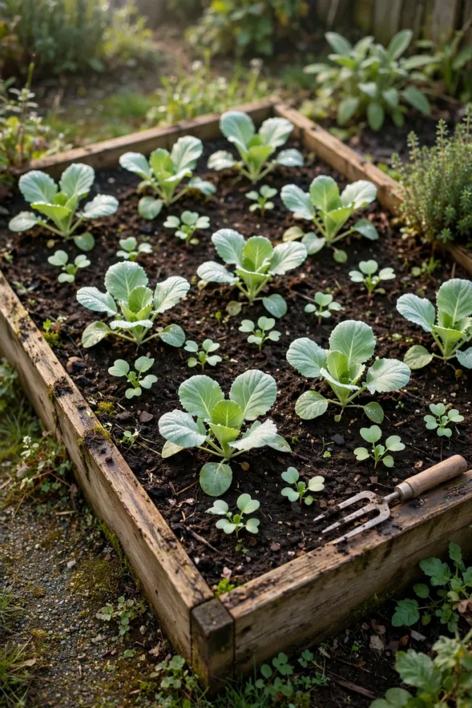 Young radishes growing in the gaps between slower-growing vegetables