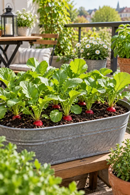 Radish plants growing in a wide container with red roots near the soil