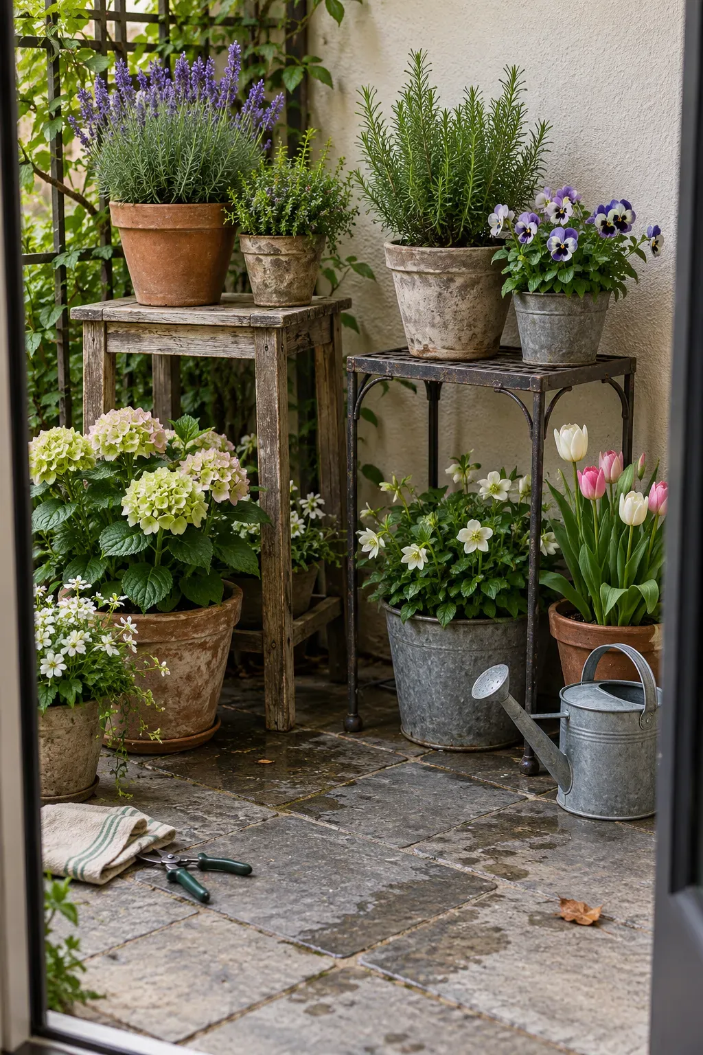 Small spring pots raised on sturdy stands beside larger containers
