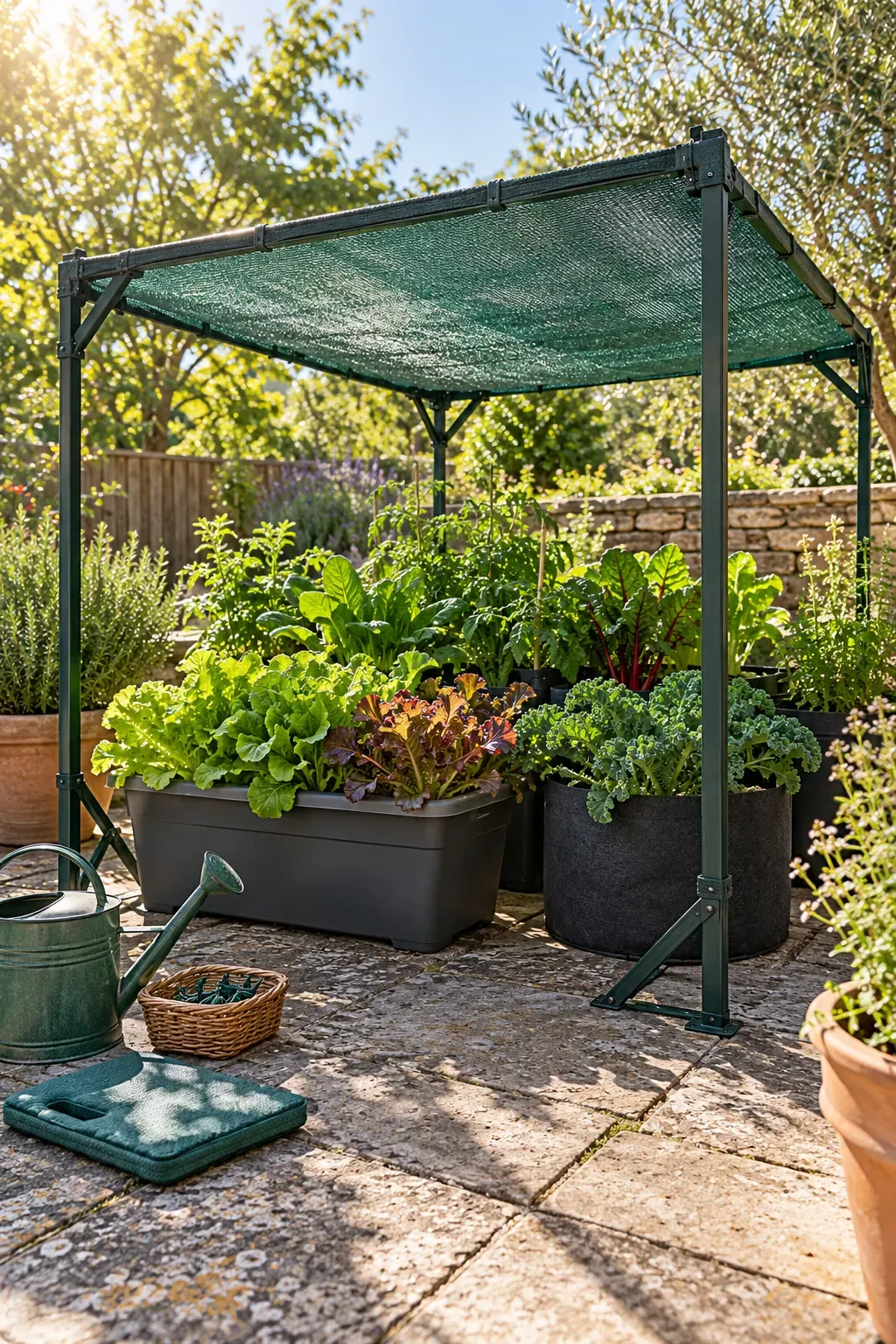 Lightweight shade cloth secured above grouped patio containers with open sides and clear access.