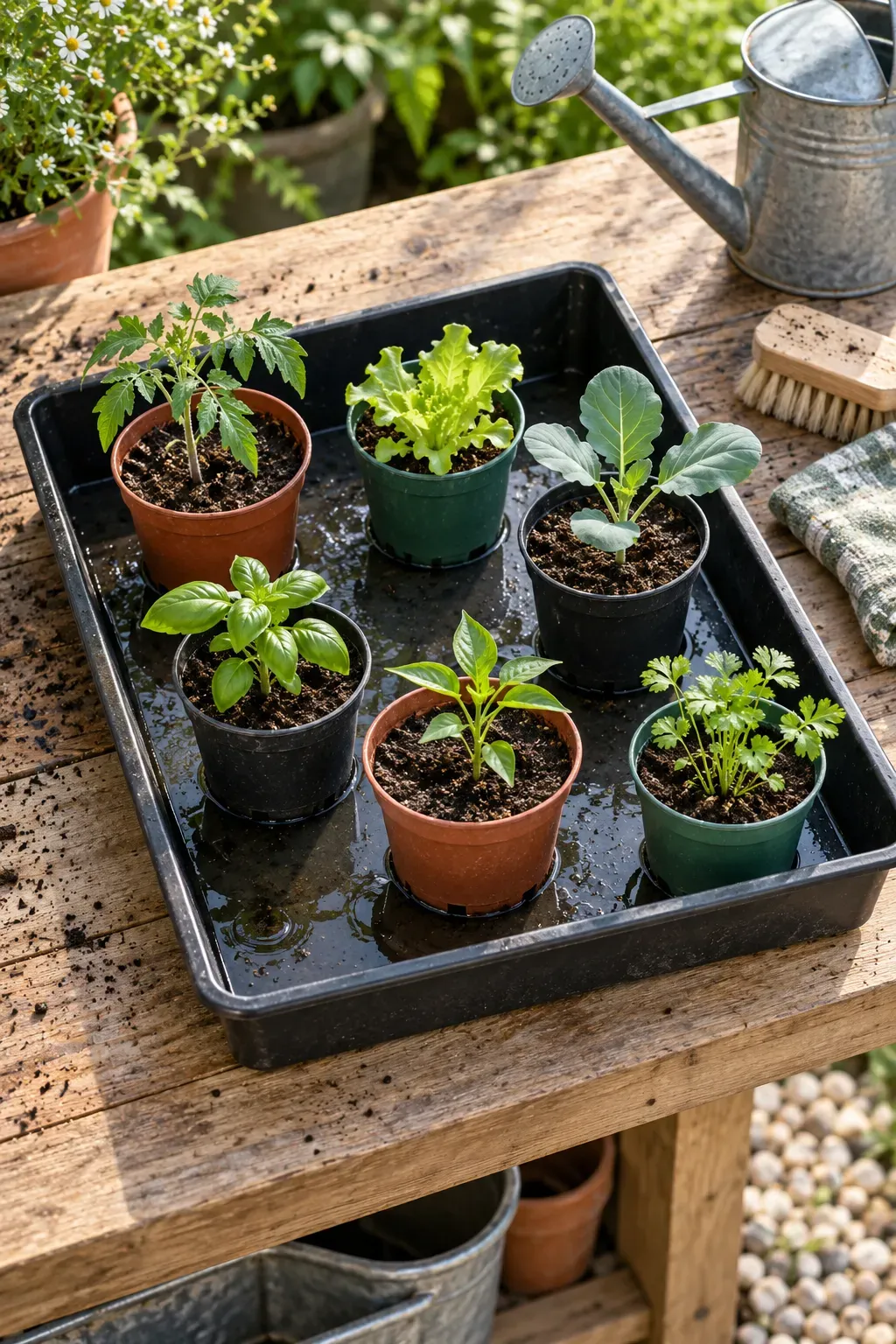 Small vegetable seedlings grouped in a shallow removable watering tray on a garden bench.