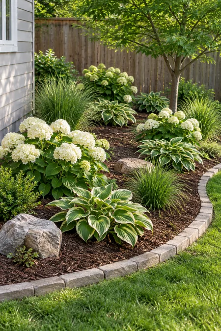A small garden bed planted with simple repeating groups of matching plants